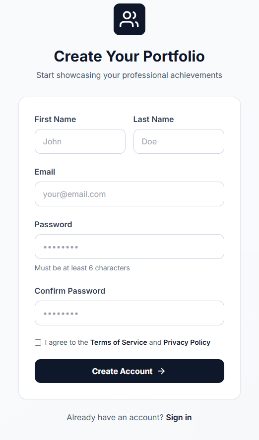 Sign up interface